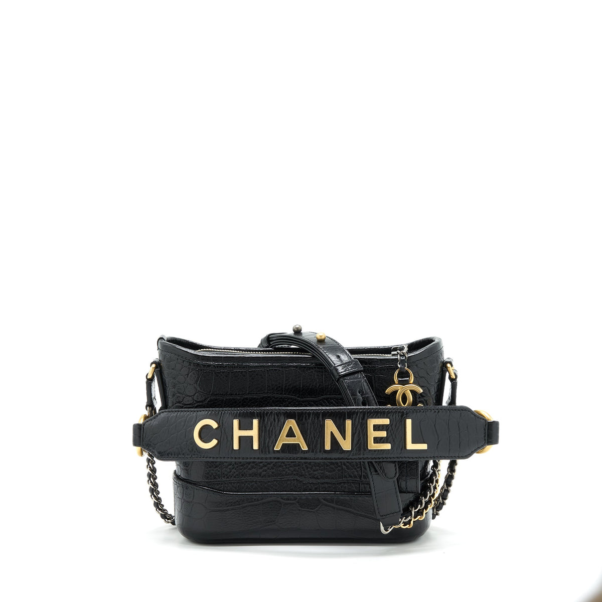 CHANEL SMALL GABRIELLE HOBO BAG WITH HANDLE CROC-EMBOSSED CALFSKIN BLACK GOLD/SILVER HARDWARE