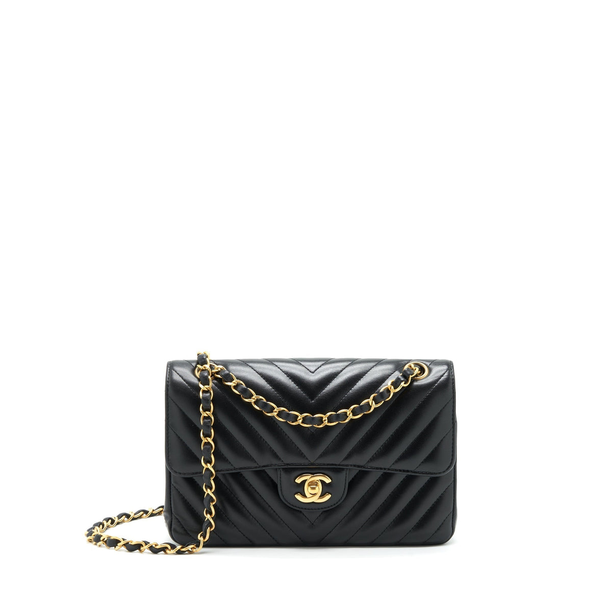 CHANEL SMALL CLASSIC DOUBLE FLAP BAG CHEVRON LAMBSKIN BLACK GHW