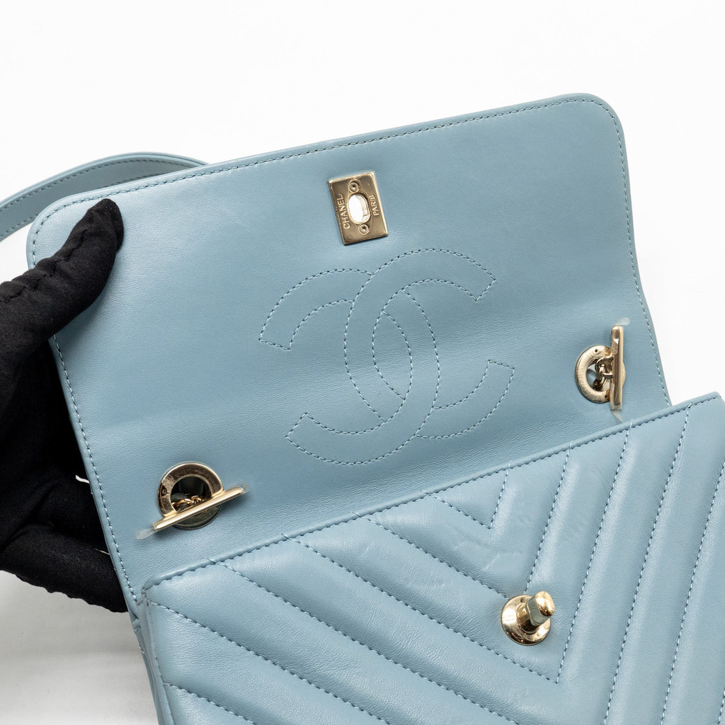 CHANEL TOP HANDLE TRENDY CC FLAP BAG CHEVRON LAMBSKIN BLUE LGHW