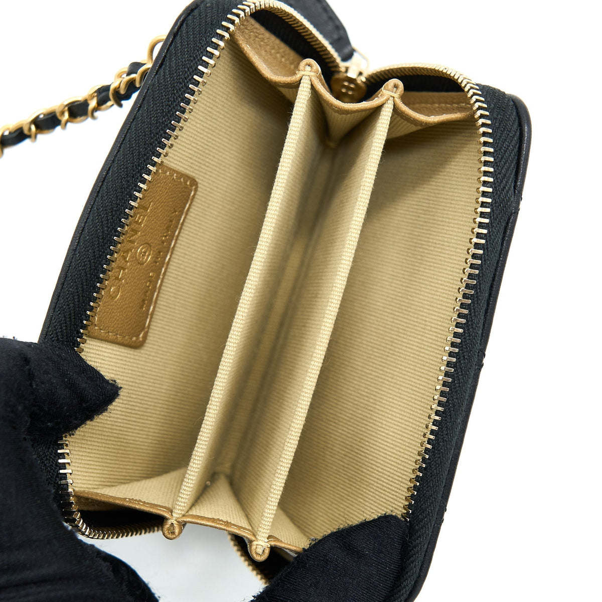 CHANEL 22C PEARL CRUSH CARD HOLDER WITH CHAIN LAMBSKIN BLACK GHW