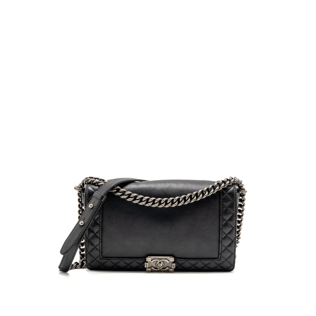 Chanel new medium boy bag soft calfskin black ruthenium silver hardware