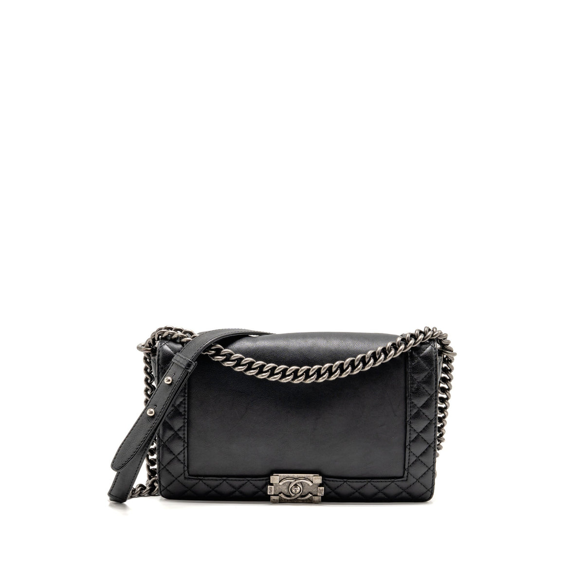 Chanel new medium boy bag soft calfskin black ruthenium silver hardware