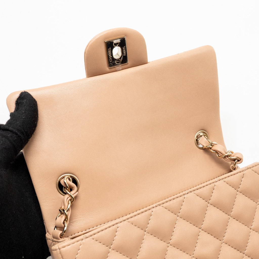 CHANEL MINI RECTANGULAR FLAP BAG LAMBSKIN DARK BEIGE LGHW (MICROCHIP)