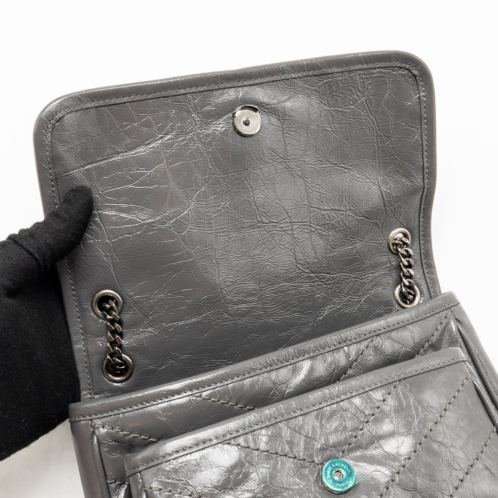 Saint Laurent/YSL Niki Baby Flap Bag Vintage Calfskin Grey Ruthenium Hardware
