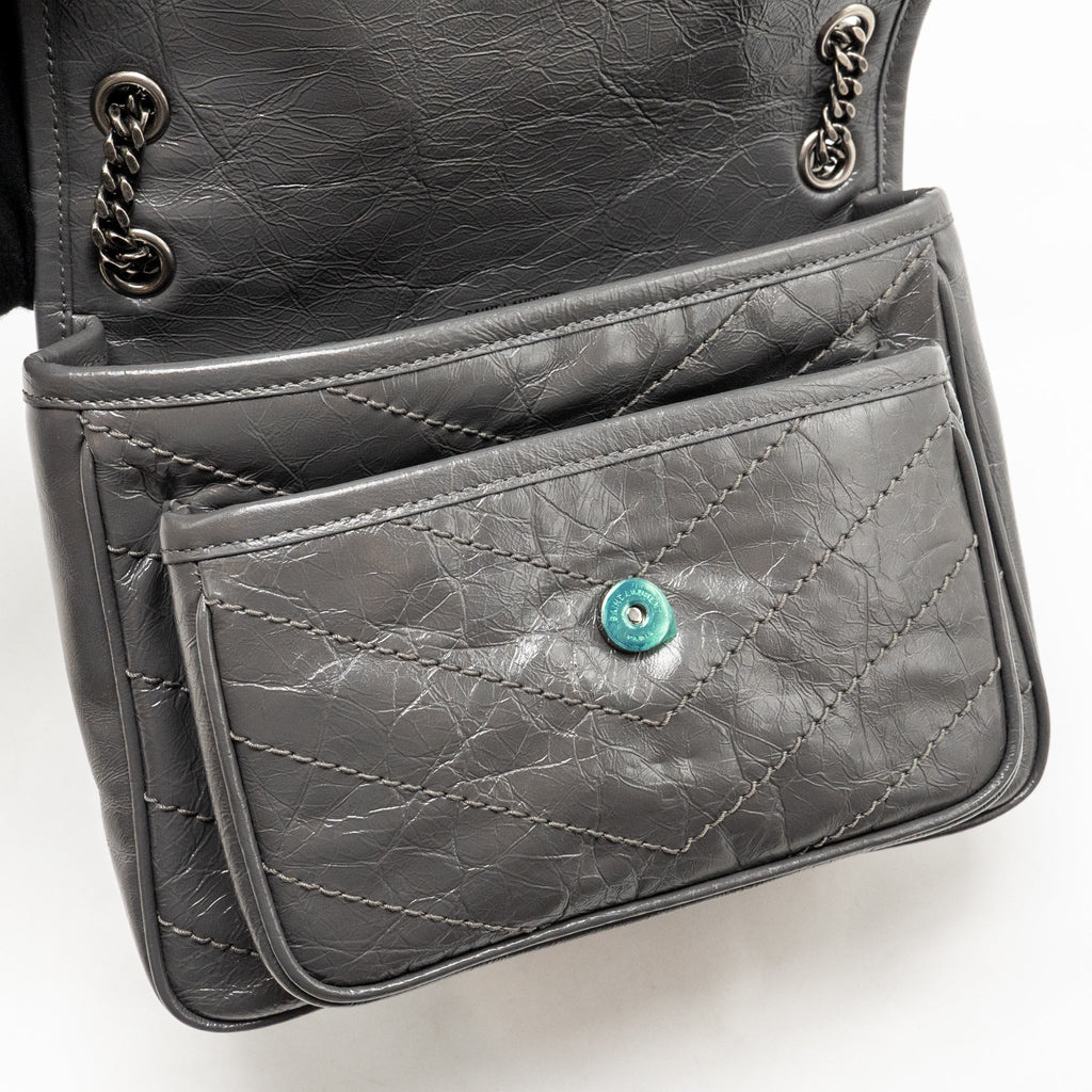 Saint Laurent/YSL Niki Baby Flap Bag Vintage Calfskin Grey Ruthenium Hardware