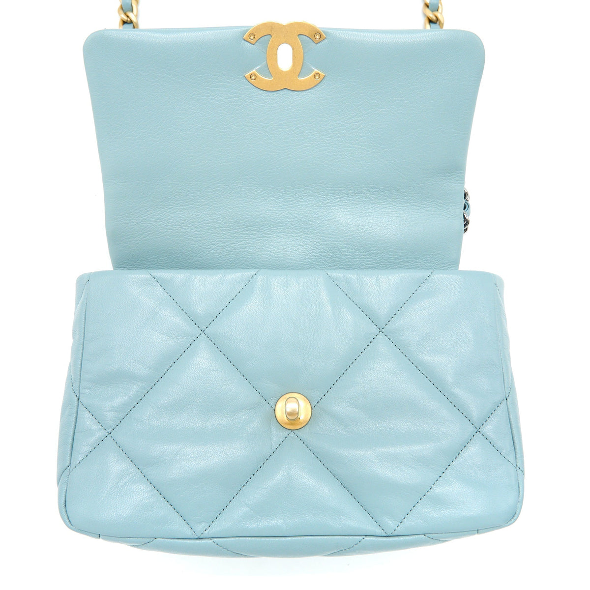 CHANEL SMALL 19 BAG LAMBSKIN LIGHT BLUE MULTICOLOUR HARDWARE