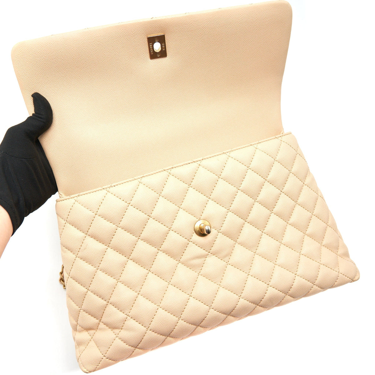 CHANEL CAVIER LARGE COCO HANDLE FLAP BAG BEIGE GHW