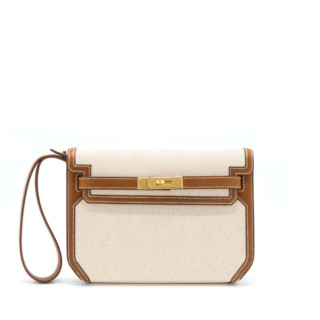 Hermes Pochette Kelly Depeches 25 Canvas and Barenia, Ecru/ Beige / Fauve GHW