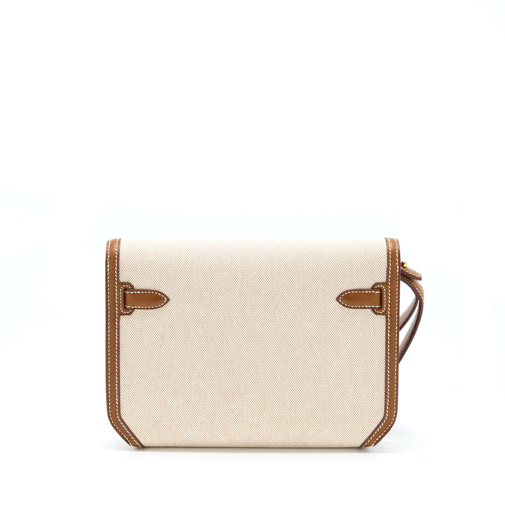Hermes Pochette Kelly Depeches 25 Canvas and Barenia, Ecru/ Beige / Fauve GHW