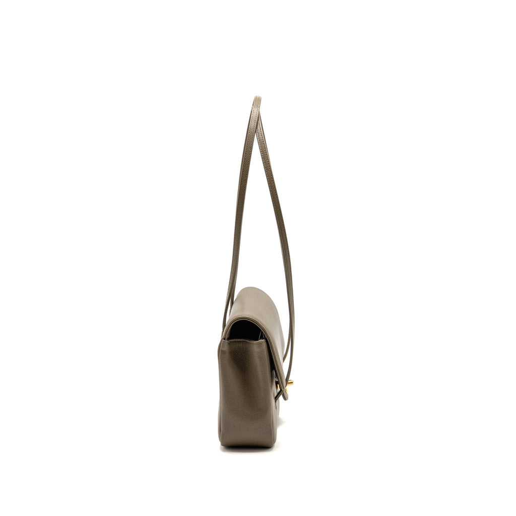 Chanel Small Preppy Coco Shoulder Flap Bag Grained Shiny Calfskin Dark Khaki GHW (Microchip)