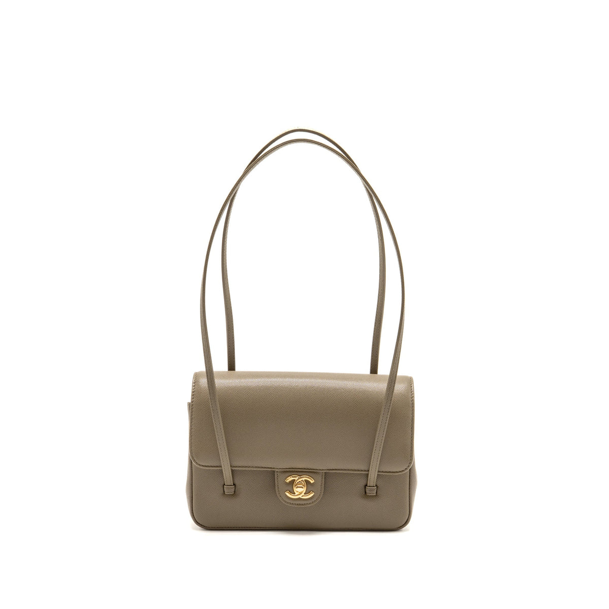 Chanel Small Preppy Coco Shoulder Flap Bag Grained Shiny Calfskin Dark Khaki GHW (Microchip)