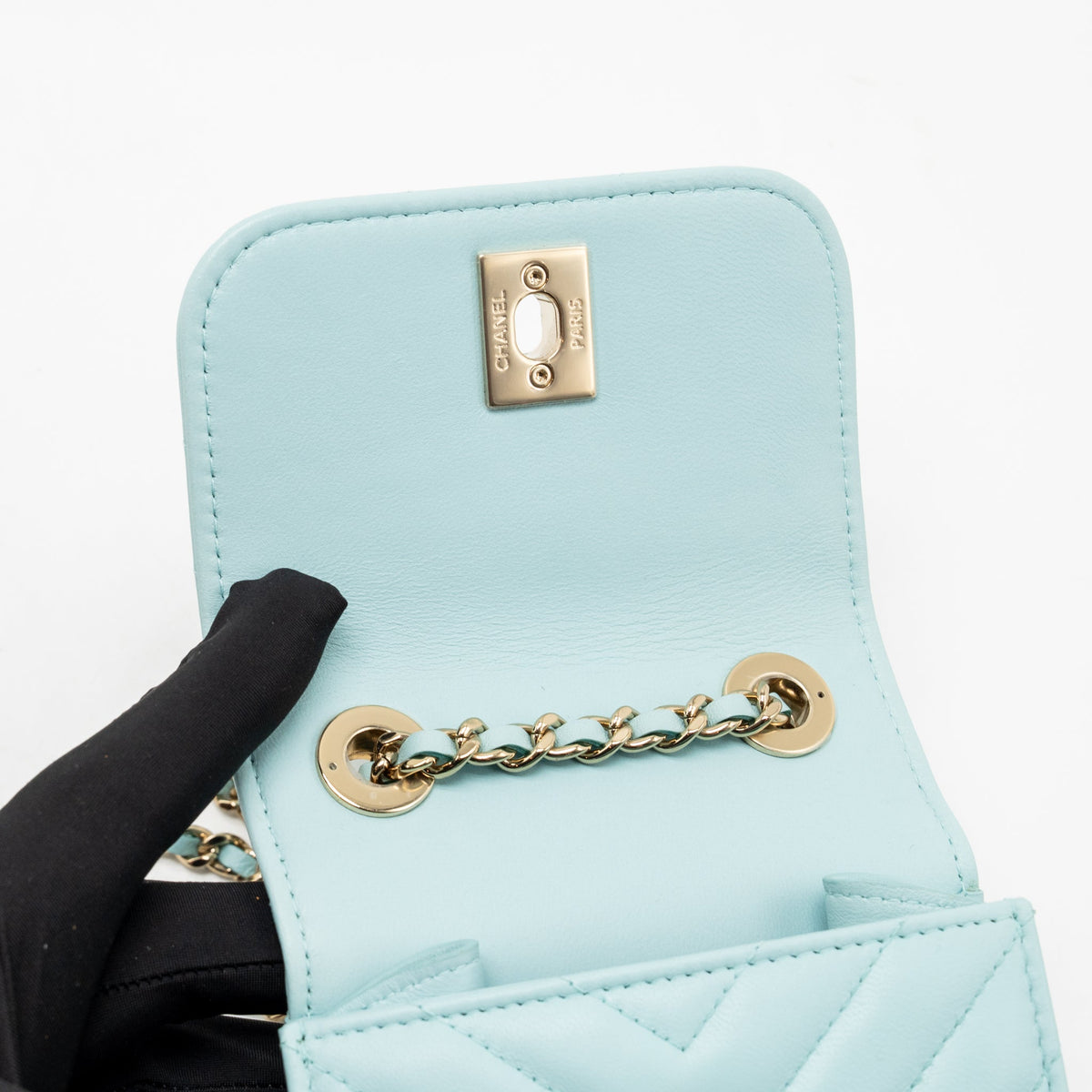 Chanel chevron mini trendy cc clutch with chain lambskin light blue LGHW