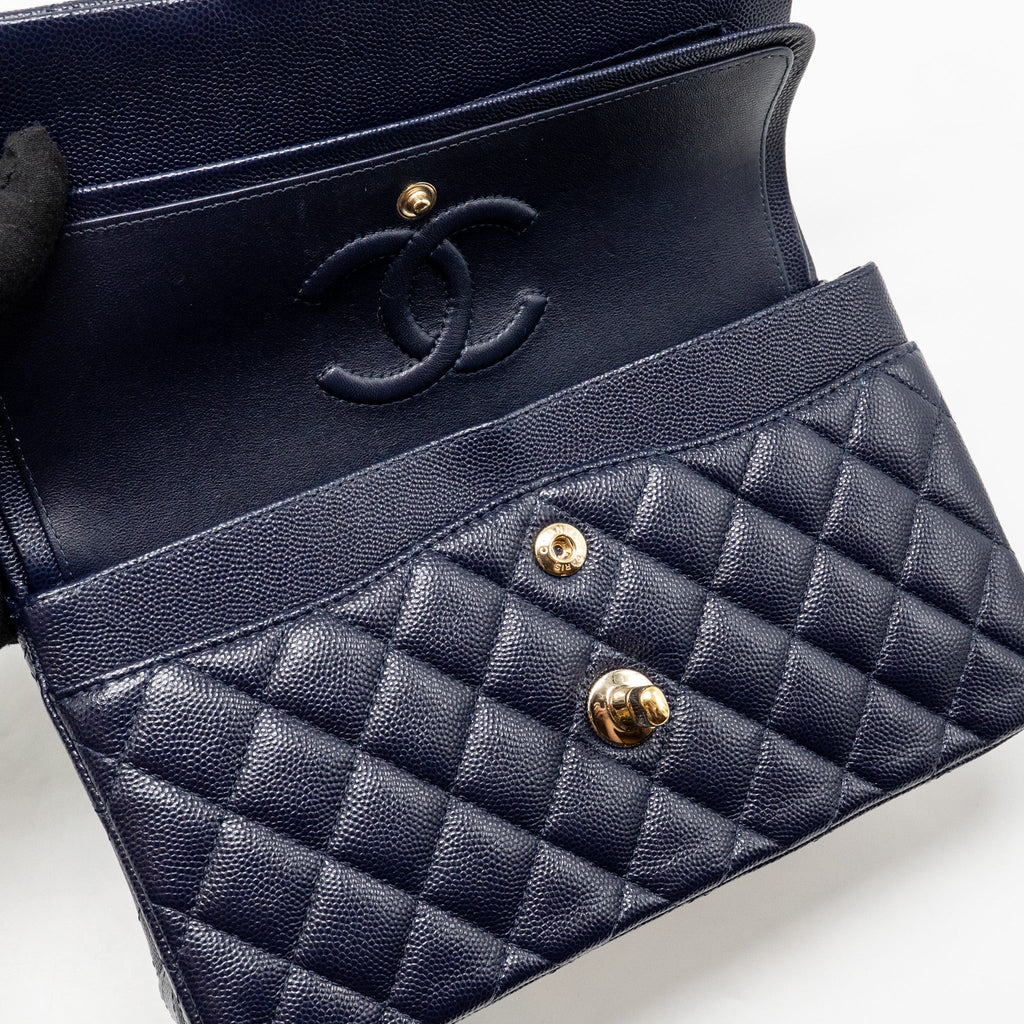 CHANEL SMALL CLASSIC DOUBLE FLAP BAG CAVIAR NAVY GHW (MICROCHIP)