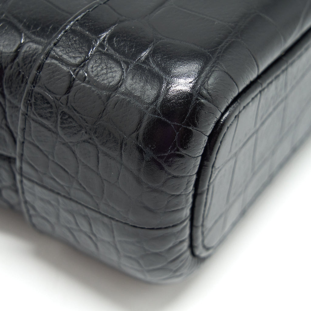 CHANEL SMALL GABRIELLE HOBO BAG WITH HANDLE CROC-EMBOSSED CALFSKIN BLACK GOLD/SILVER HARDWARE