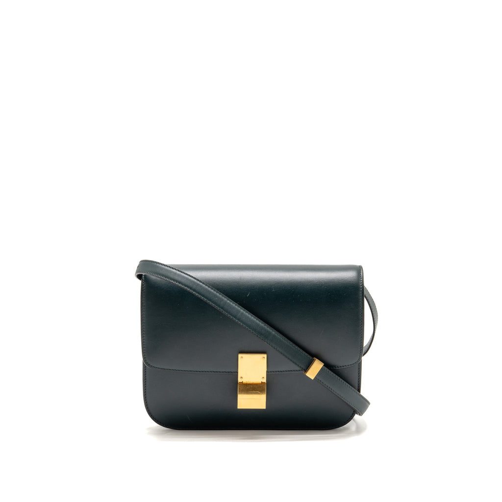 Celine Medium Classic Box Bag Calfskin Dark Green GHW