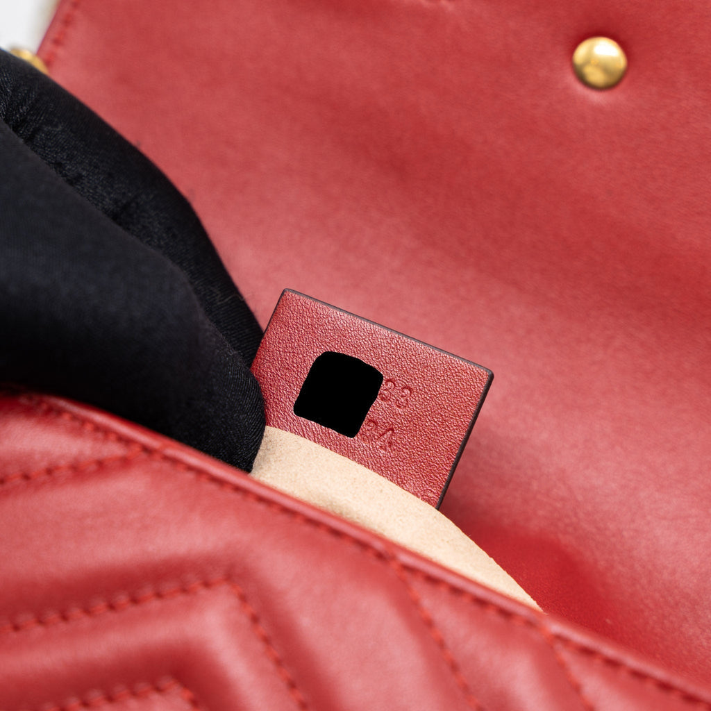 GUCCI GG MARMONT SUPER MINI BAG MATELASSÉ CALFSKIN RED BRUSHED GHW