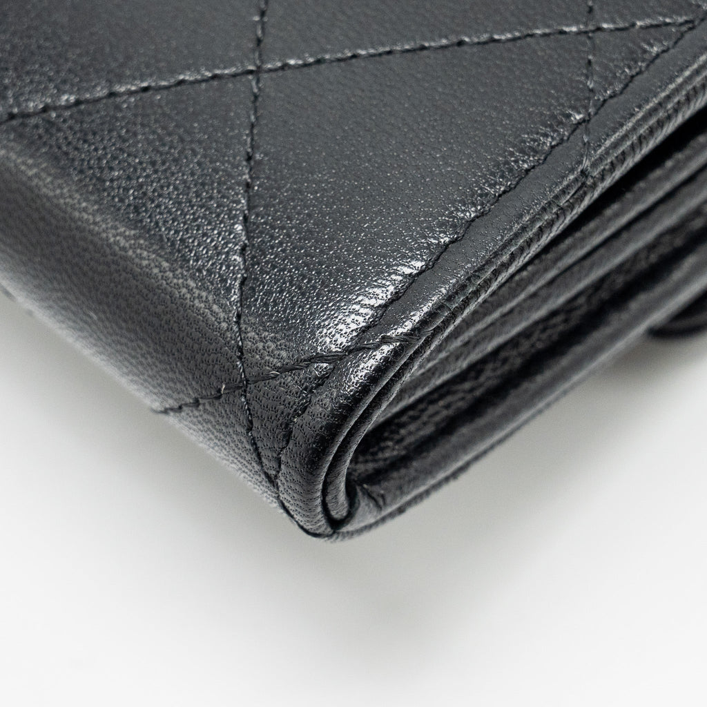 CHANEL QUILTED PEARL LONG WALLET ON CHAIN GOATSKIN BLACK GHW