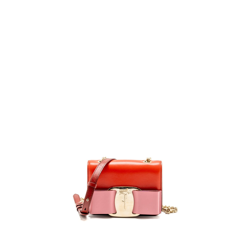 Salvatore Ferragamo Vara Bow Bag Red/Pink and Oversize Gancini Wallet Black Calfskin GHW (Sell in Set)