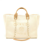 CHANEL DEAUVILLE TOTE BAG FABRIC/LEATHER CREAMY WHITE/BEIGE GHW