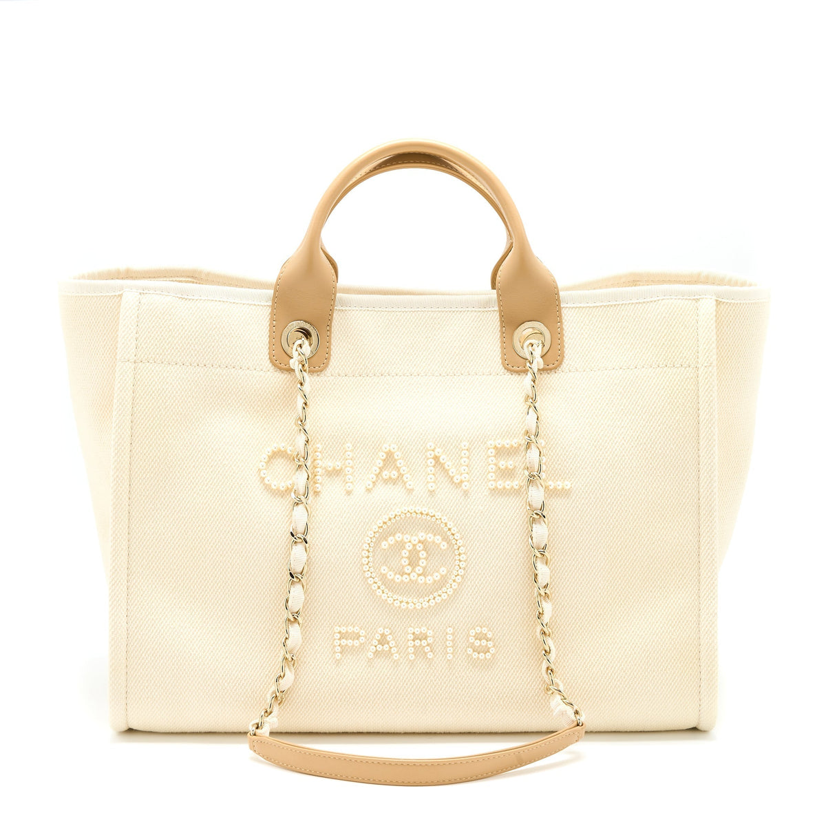 CHANEL DEAUVILLE TOTE BAG FABRIC/LEATHER CREAMY WHITE/BEIGE GHW