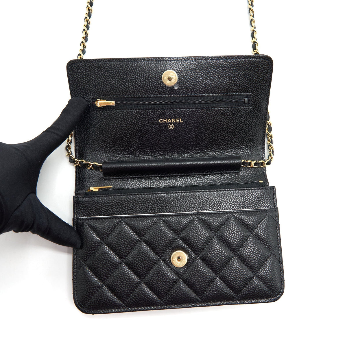CHANEL 22P CLASSIC WALLET ON CHAIN CAVIAR BLACK LGHW (MICROCHIP)