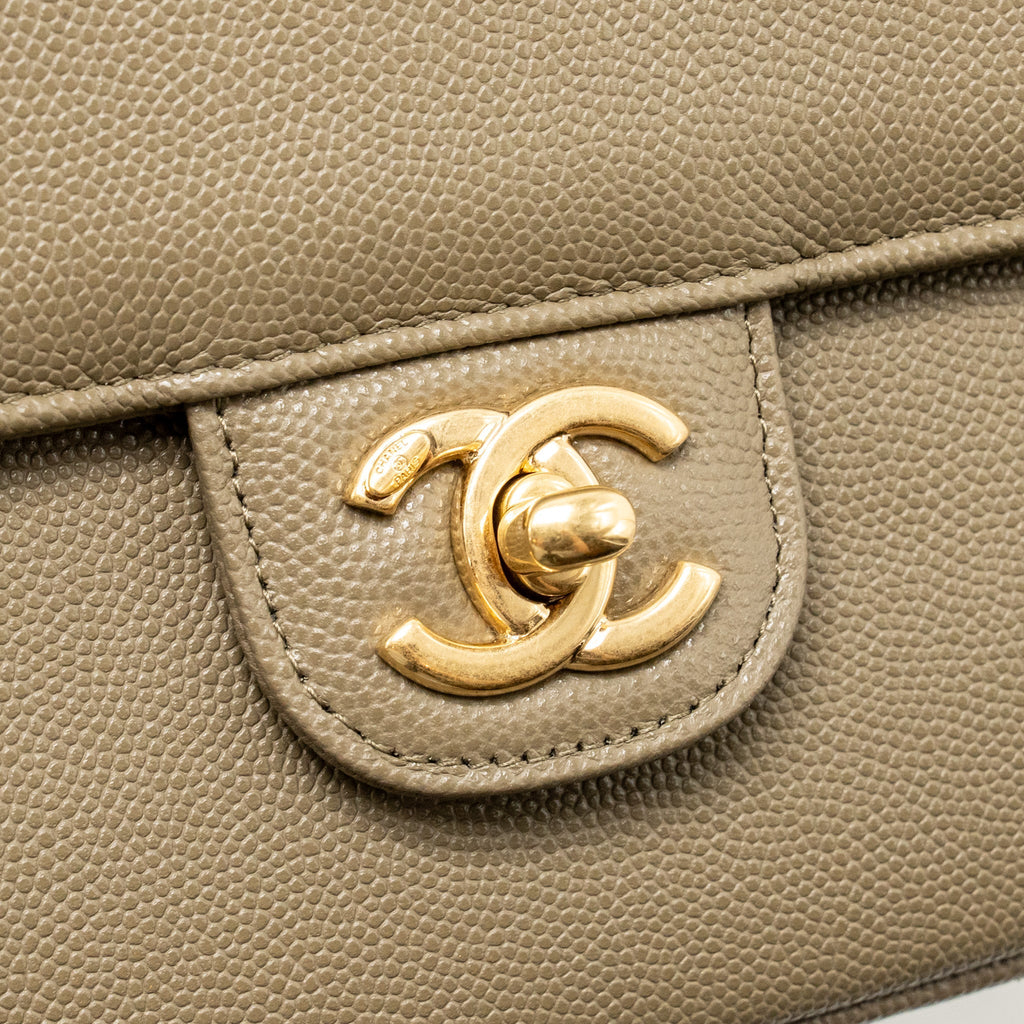 Chanel Small Preppy Coco Shoulder Flap Bag Grained Shiny Calfskin Dark Khaki GHW (Microchip)