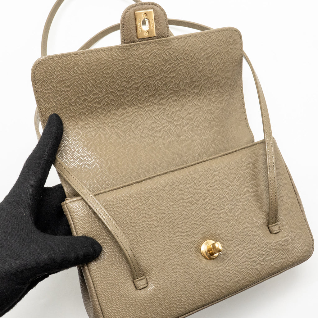 Chanel Small Preppy Coco Shoulder Flap Bag Grained Shiny Calfskin Dark Khaki GHW (Microchip)