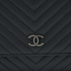 CHANEL CHEVRON WALLET ON CHAIN BLACK WITH BLACK HARDWARE
