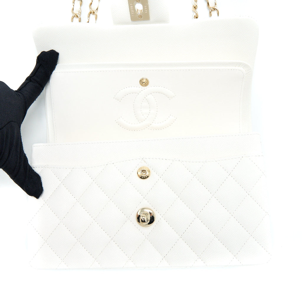 CHANEL SMALL CLASSIC FLAP BAG CAVIAR WHITE LGHW (MICROCHIP)