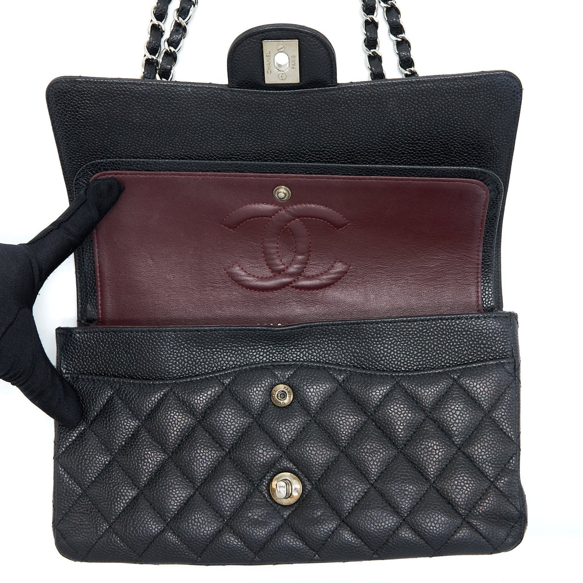 CHANEL MEDIUM CLASSIC DOUBLE FLAP BAG CAVIAR BLACK SHW