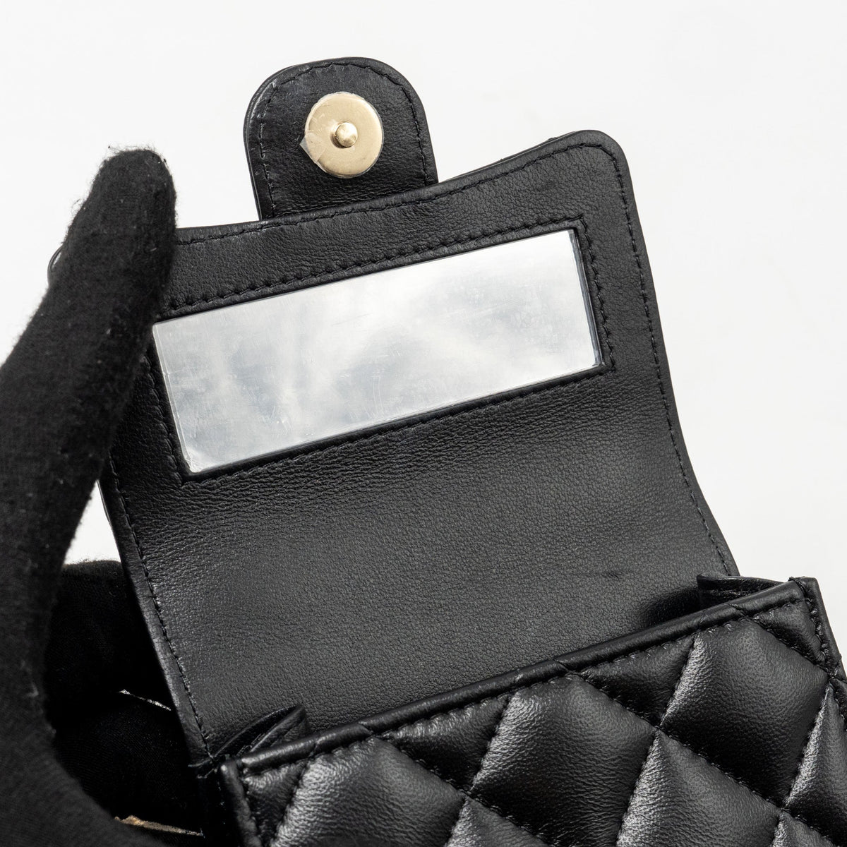 CHANEL DETAILED TOP HANDLE MINI CLUTCH WITH CHAIN LAMBSKIN BLACK LGHW (MICROCHIP)
