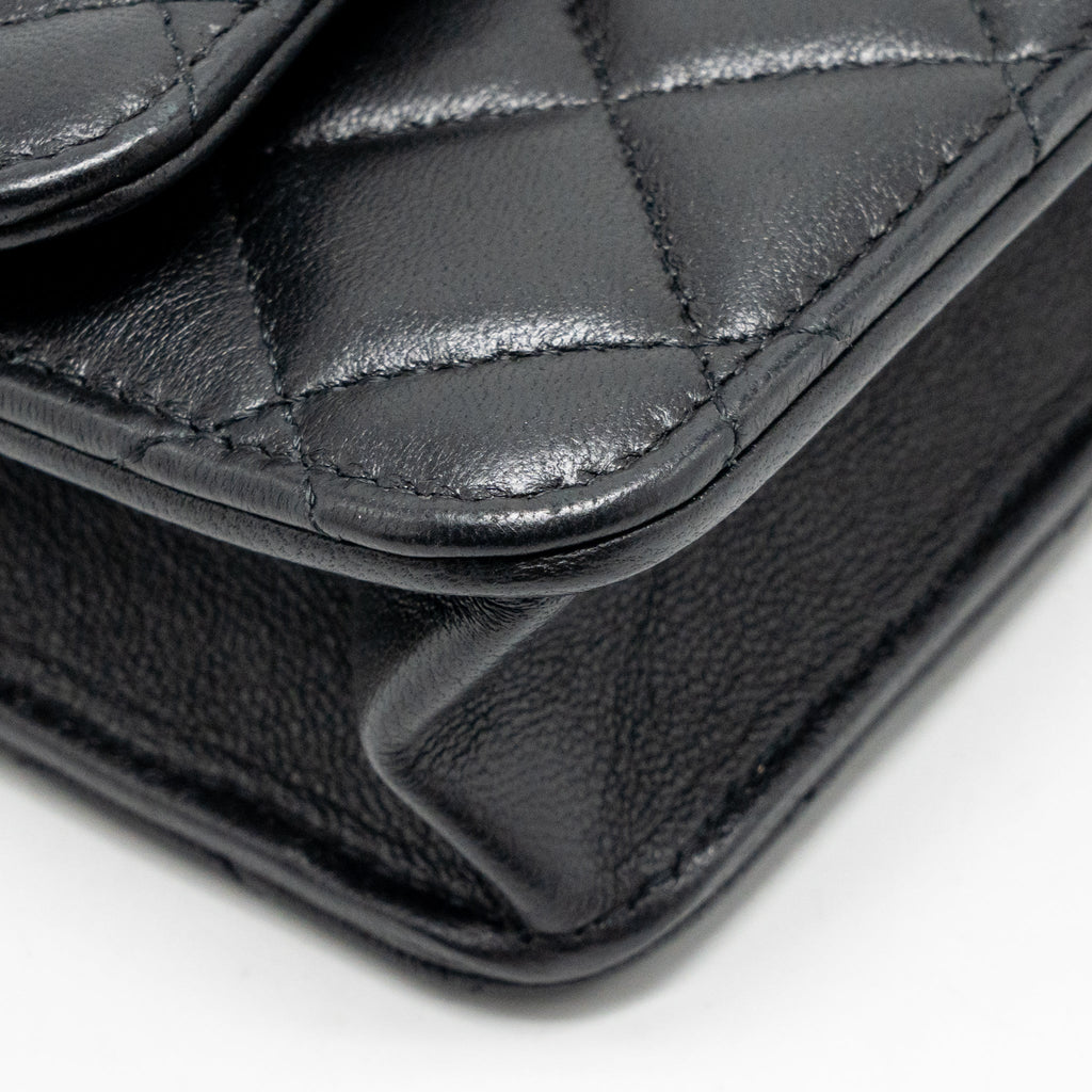 Chanel Top Handle Flap Phone Holder with Chain Lambskin Black LGHW (Microchip)