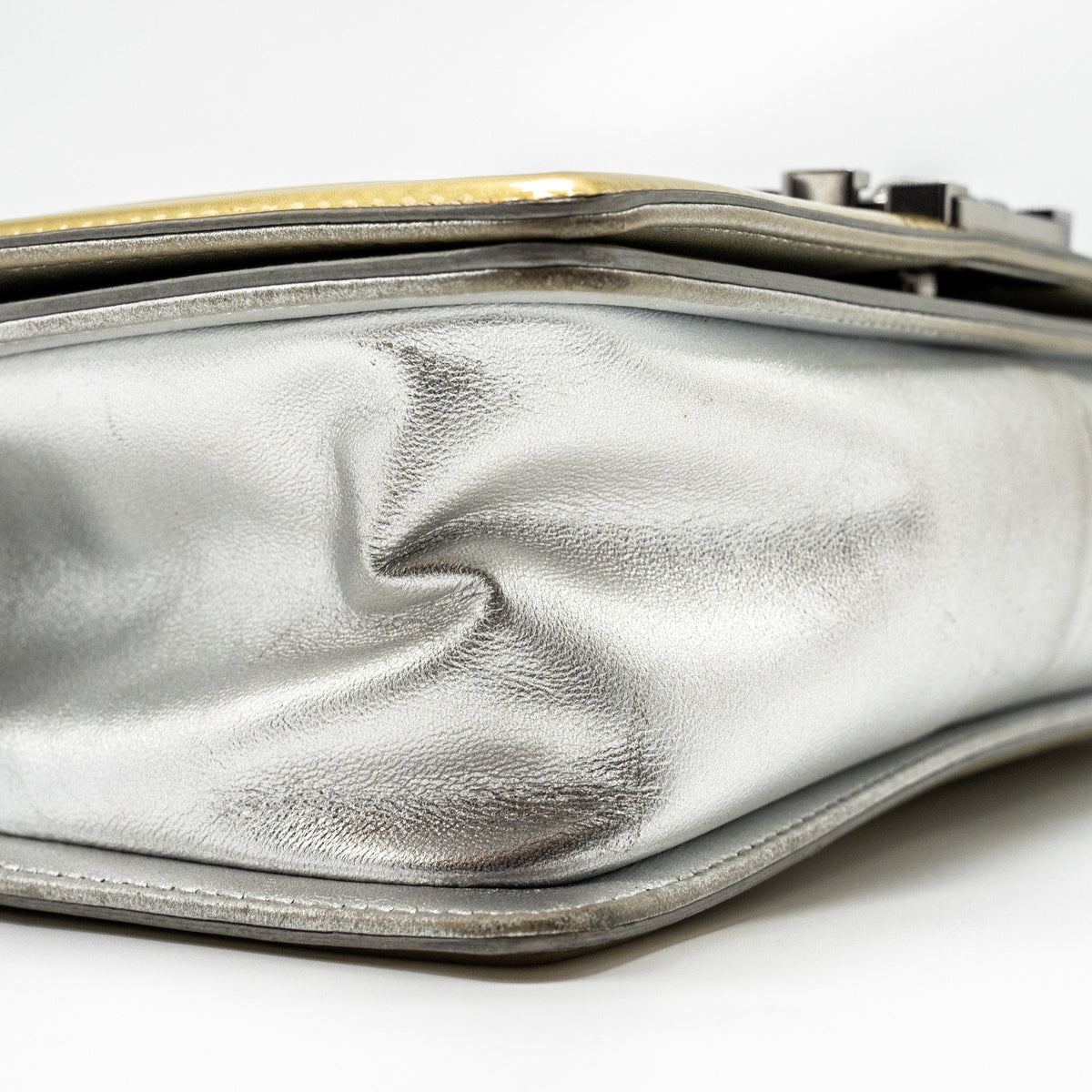 CHANEL MEDIUM BOY BAG PATENT LIGHT GOLD / SILVER SHW