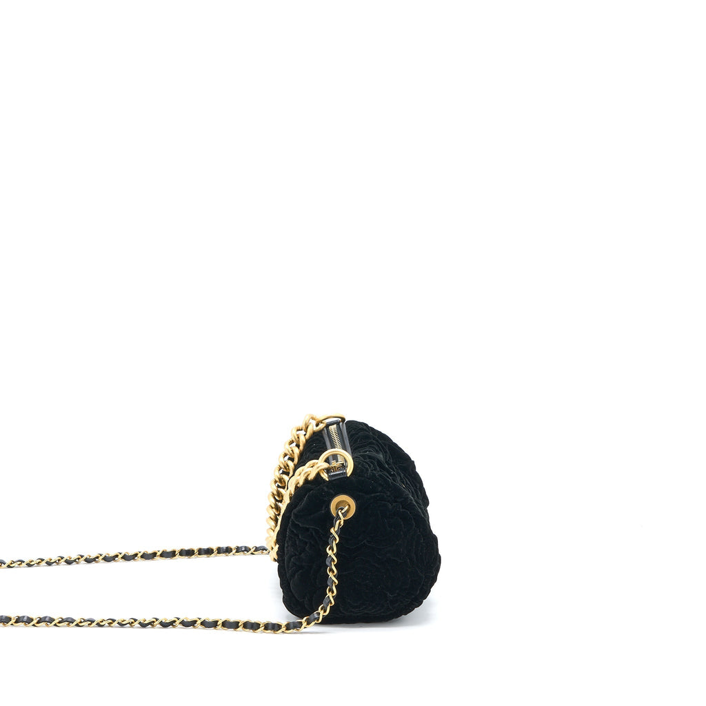 CHANEL MINI BOSTON BAG WITH CHAIN CAMELLIA VELVET BLACK GHW (MICROCHIP)