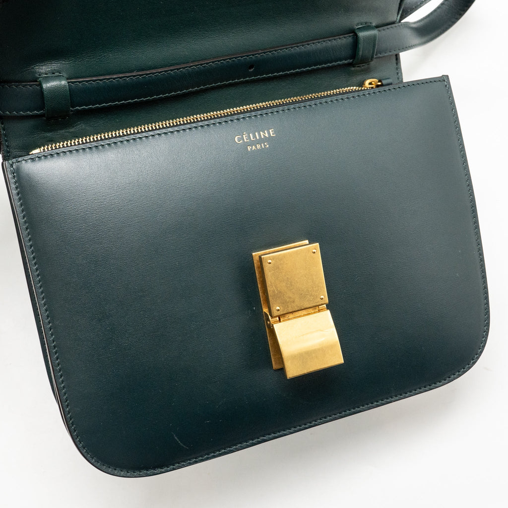 Celine Medium Classic Box Bag Calfskin Dark Green GHW