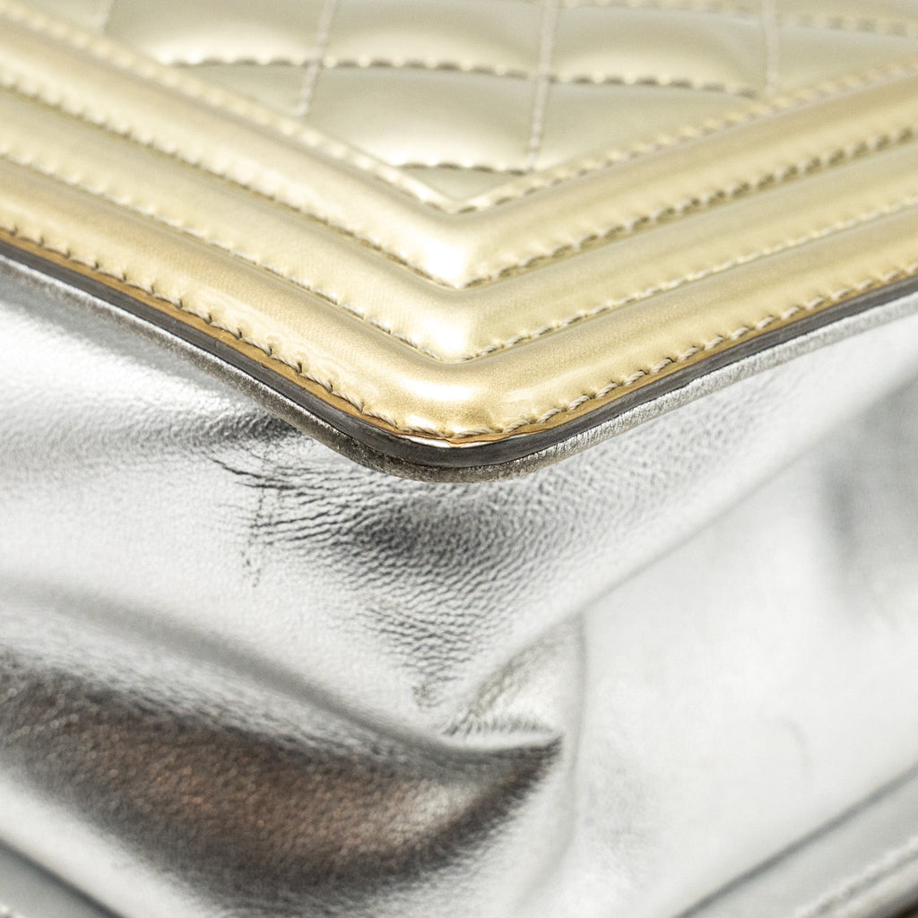 CHANEL MEDIUM BOY BAG PATENT LIGHT GOLD / SILVER SHW