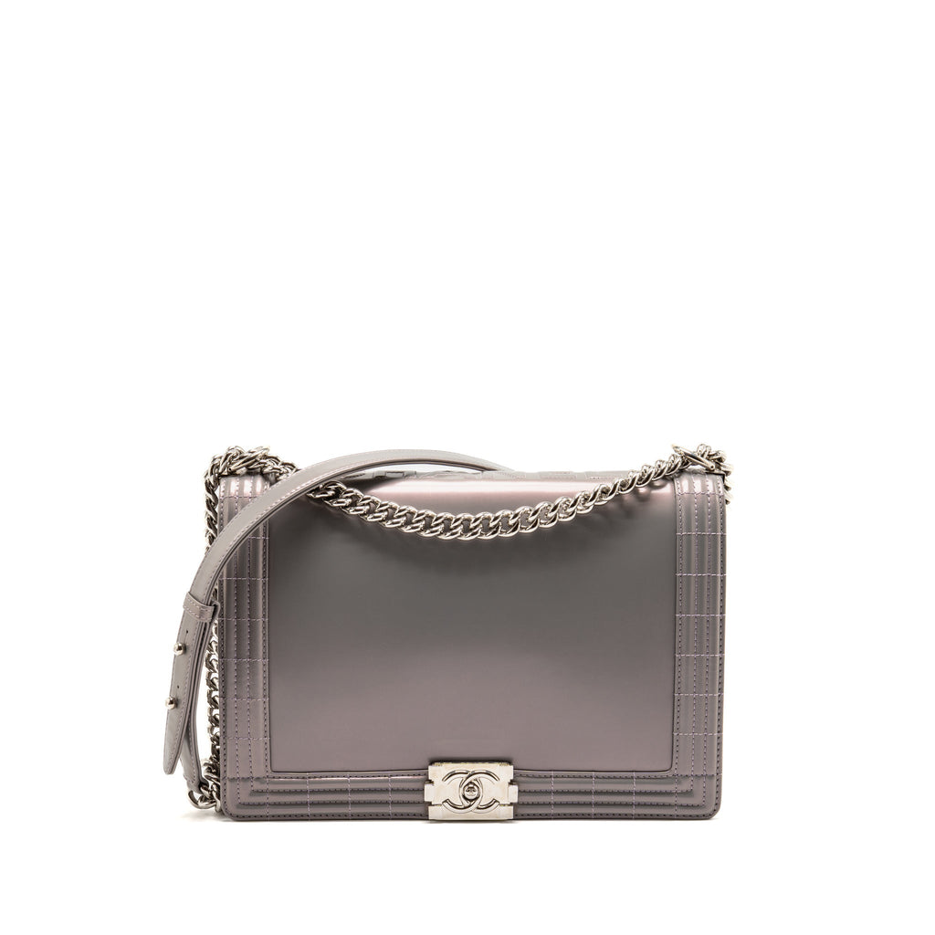 Chanel Reverso Boy Flap Patent Iridescent Grey SHW