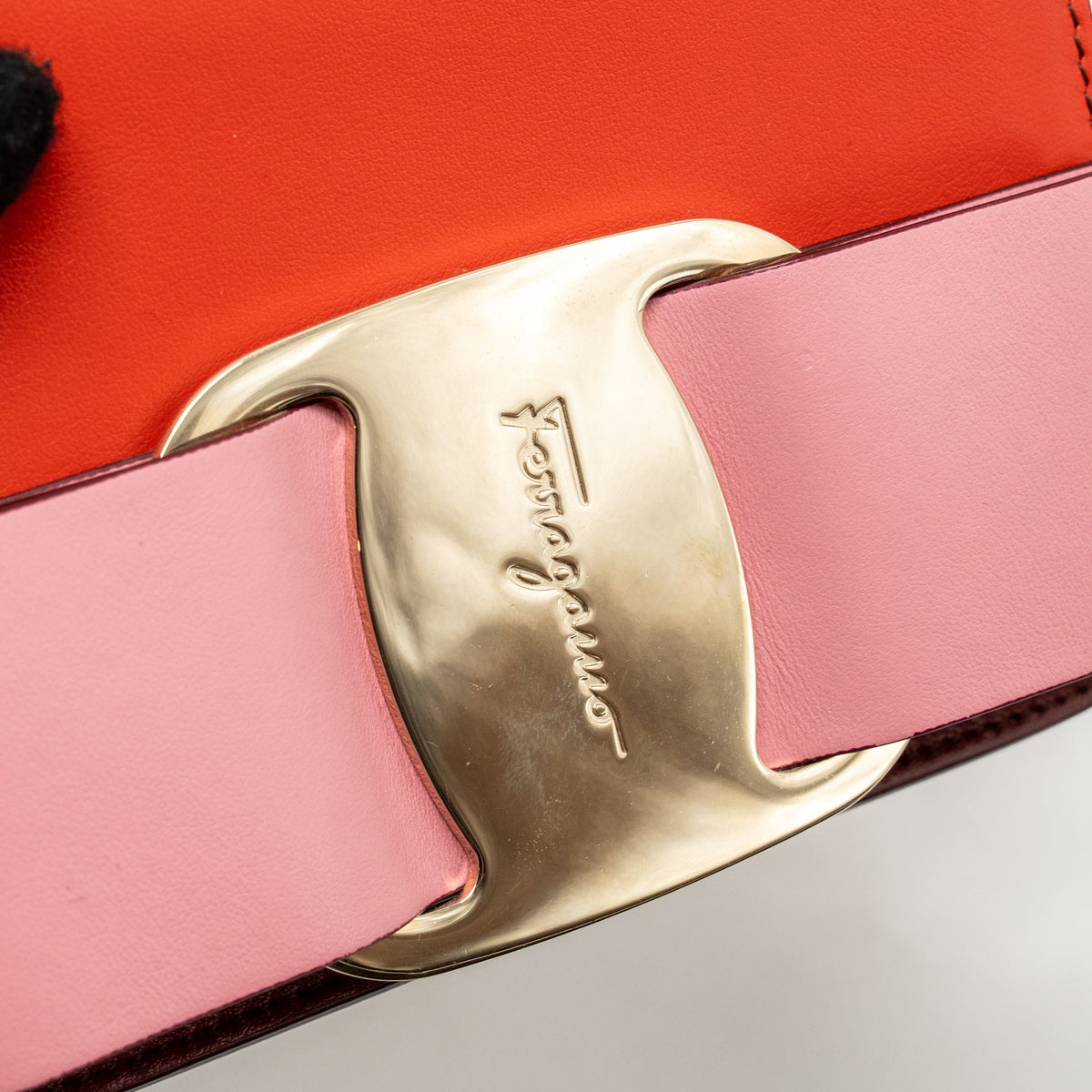 Salvatore Ferragamo Vara Bow Bag Red/Pink and Oversize Gancini Wallet Black Calfskin GHW (Sell in Set)