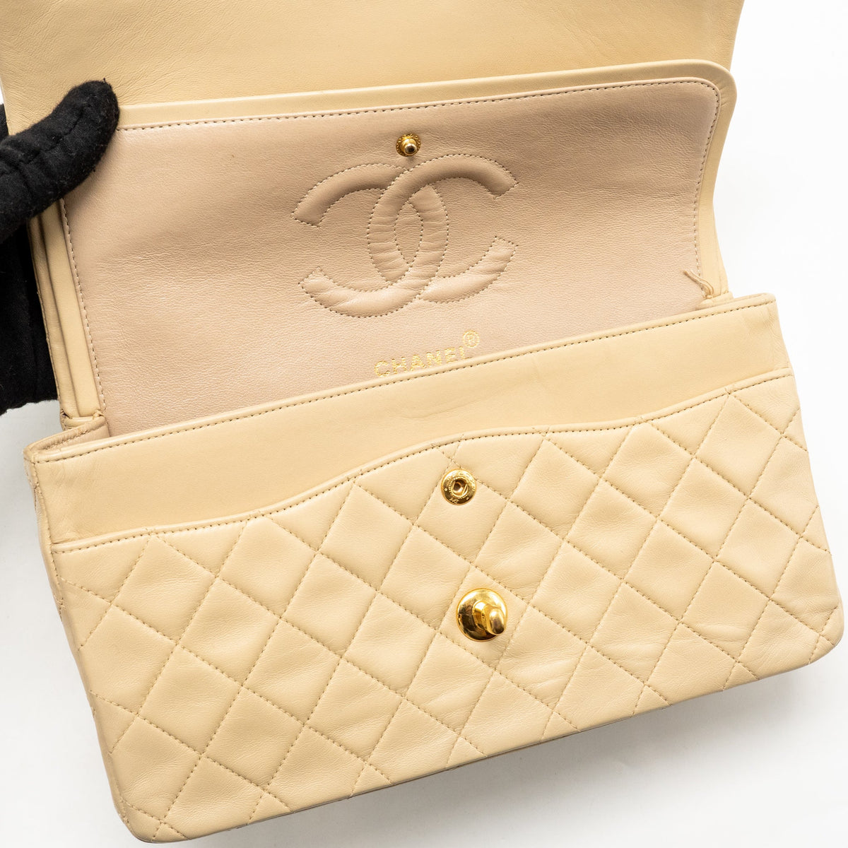 Chanel Vintage Medium Classic Double Flap Bag Lambskin Beige GHW
