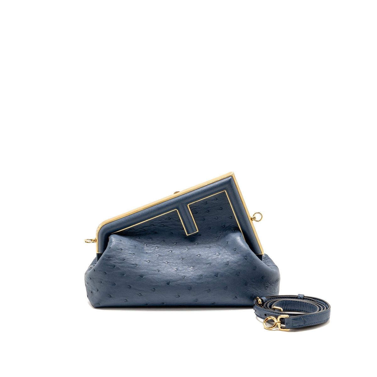 Fendi Medium Fendi First Clutch Bag Ostrich Navy Blue GHW