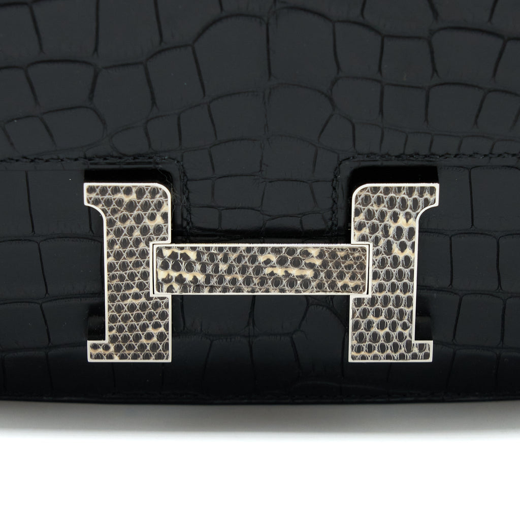 Hermes Mini Constance Mat Alligator Mississippians Black With Lizard Buckle SHW