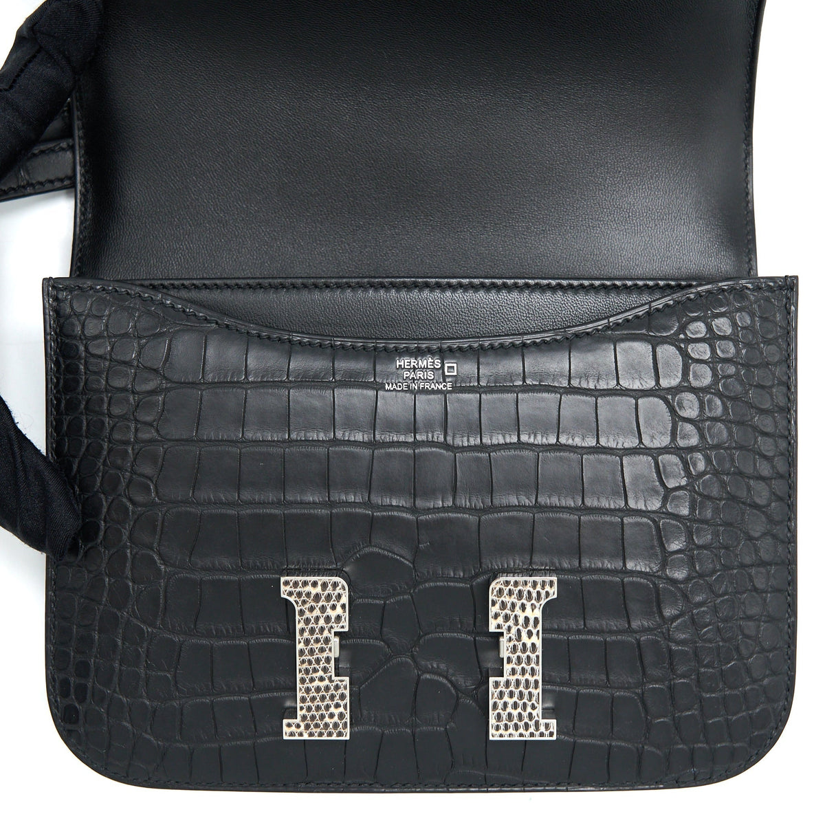Hermes Mini Constance Mat Alligator Mississippians Black With Lizard Buckle SHW