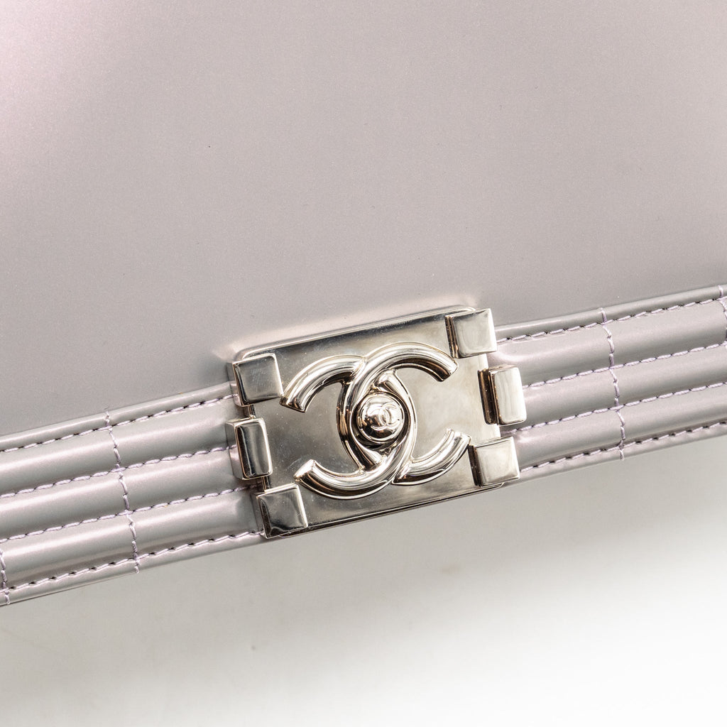 Chanel Reverso Boy Flap Patent Iridescent Grey SHW