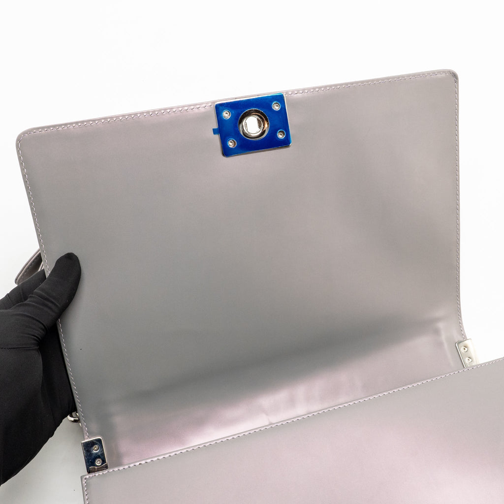 Chanel Reverso Boy Flap Patent Iridescent Grey SHW