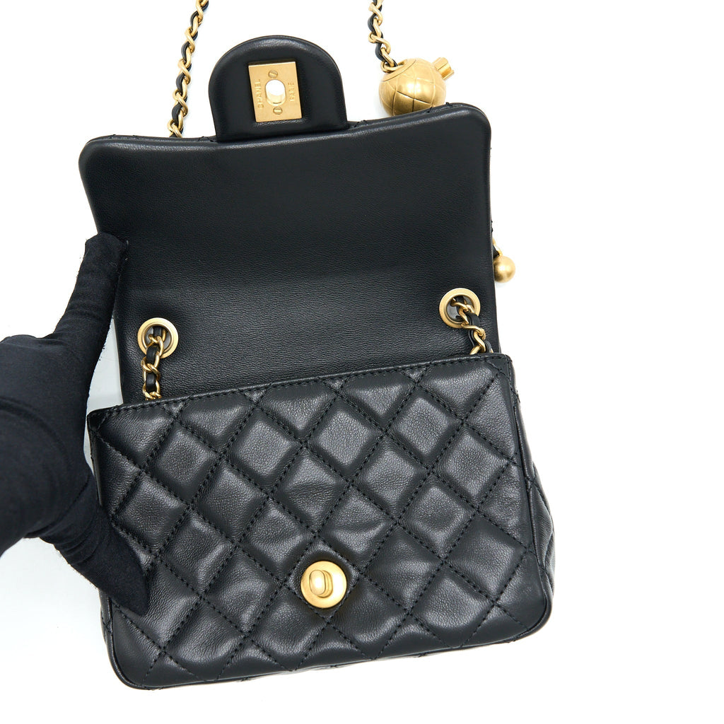 CHANEL PEARL CRUSH MINI SQUARE FLAP BAG LAMBSKIN BLACK GHW (MICROCHIP)