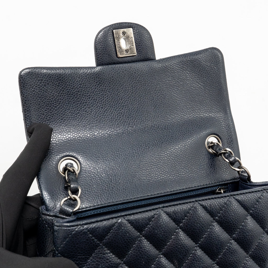 Chanel Mini Rectangular Flap Bag Caviar Dark Blue RUTHENIUM HARDWARE