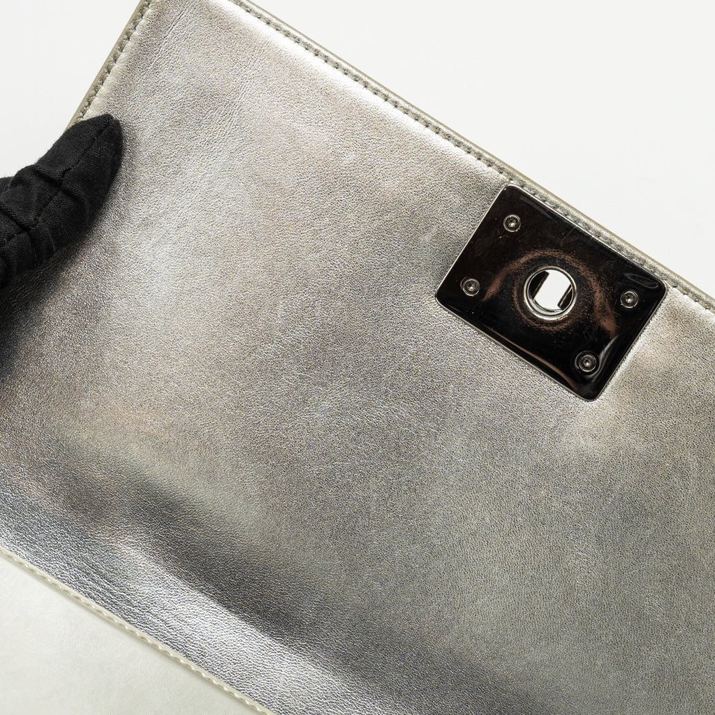 CHANEL MEDIUM BOY BAG PATENT LIGHT GOLD / SILVER SHW