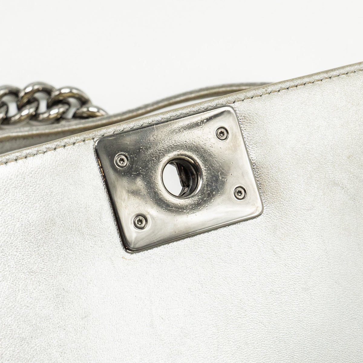CHANEL MEDIUM BOY BAG PATENT LIGHT GOLD / SILVER SHW