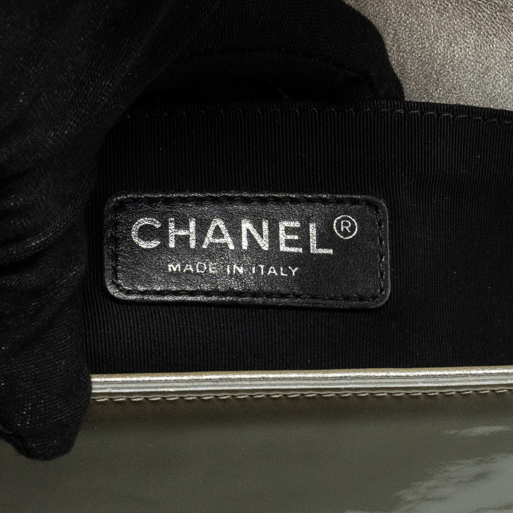 CHANEL MEDIUM BOY BAG PATENT LIGHT GOLD / SILVER SHW