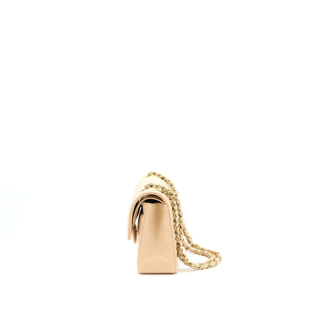 CHANEL SMALL CLASSIC DOUBLE FLAP BAG CAVIAR BEIGE GHW(MICROCHIP)